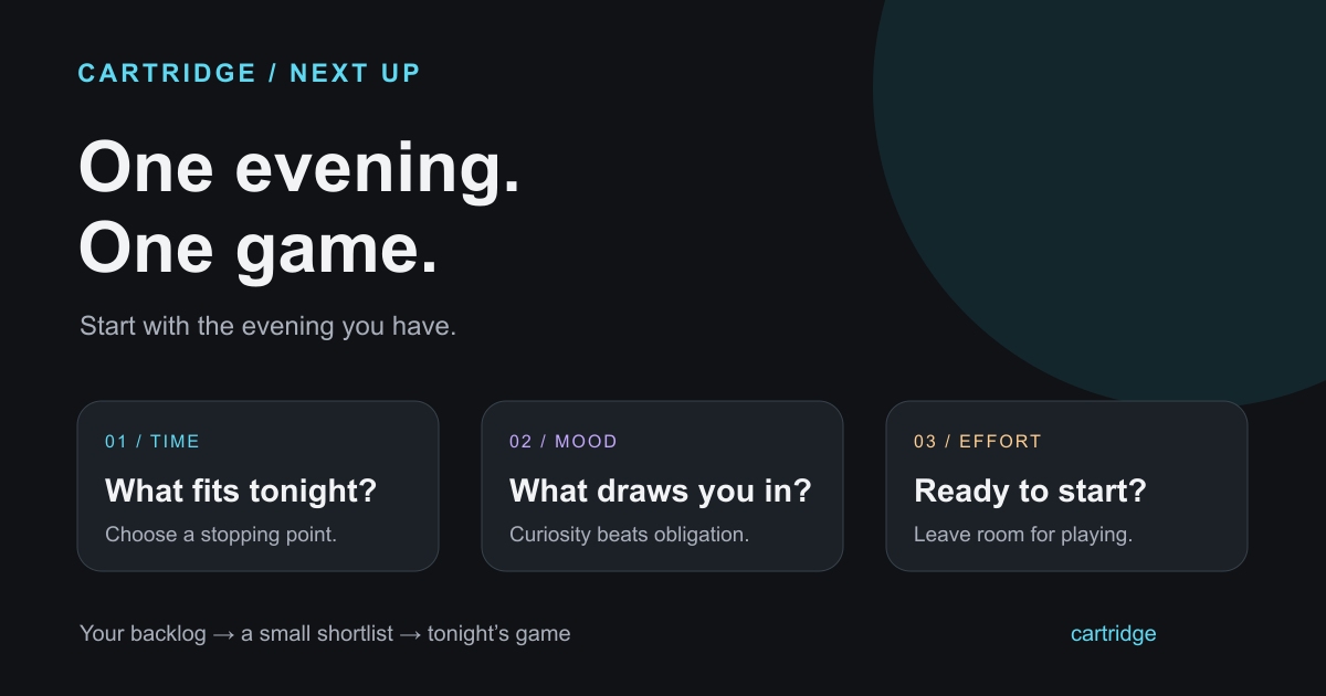 Three decision cards for choosing tonight’s game: time, mood and effort