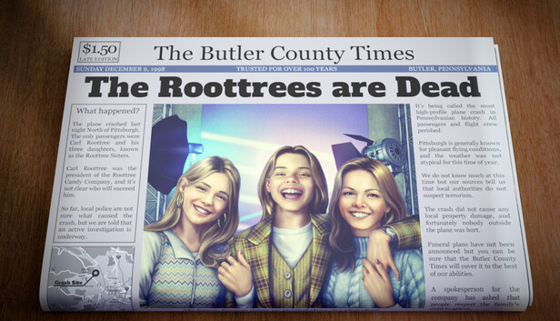 Official The Roottrees are Dead artwork showing a newspaper with the game title and a photograph of three women