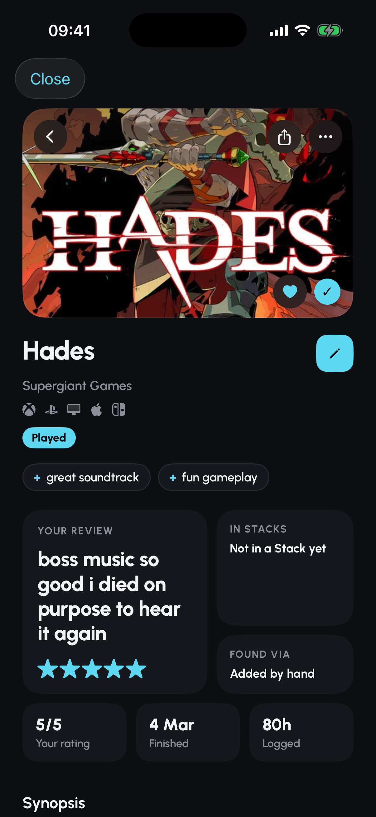 A Hades game entry in Cartridge with a Played status, rating and written review